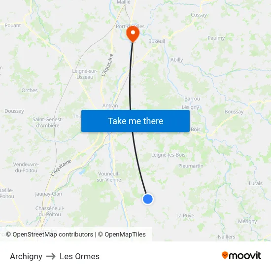 Archigny to Les Ormes map