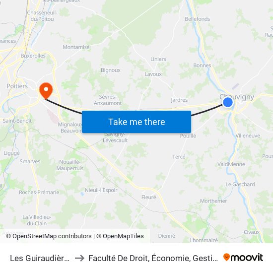 Les Guiraudières to Faculté De Droit, Économie, Gestion. map