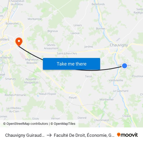 Chauvigny Guiraudières to Faculté De Droit, Économie, Gestion. map