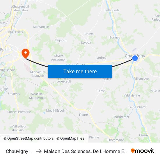Chauvigny Mairie to Maison Des Sciences, De L'Homme Et De La Société map