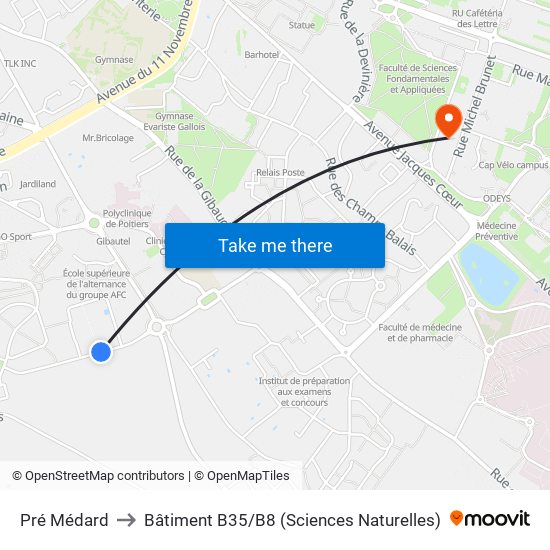 Pré Médard to Bâtiment B35 / B8 (Sciences Naturelles) map