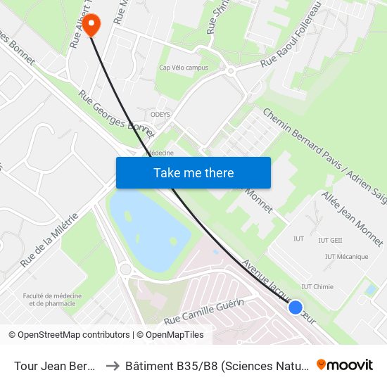 Tour Jean Bernard to Bâtiment B35 / B8 (Sciences Naturelles) map