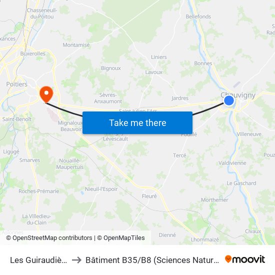 Les Guiraudières to Bâtiment B35 / B8 (Sciences Naturelles) map