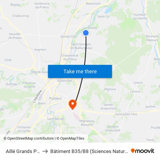 Aillé Grands Prés to Bâtiment B35 / B8 (Sciences Naturelles) map