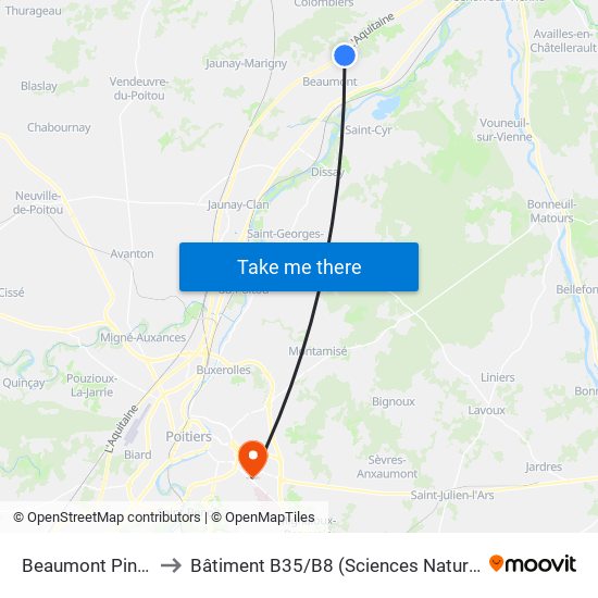 Beaumont Pineau to Bâtiment B35 / B8 (Sciences Naturelles) map
