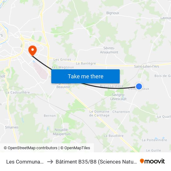 Les Communaux 1 to Bâtiment B35 / B8 (Sciences Naturelles) map