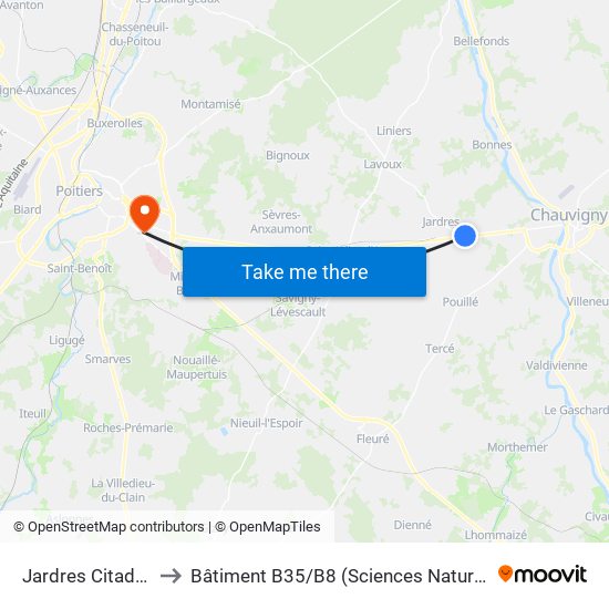 Jardres Citadelle to Bâtiment B35 / B8 (Sciences Naturelles) map
