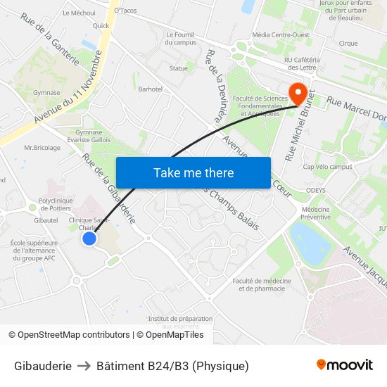 Gibauderie to Bâtiment B24/B3 (Physique) map