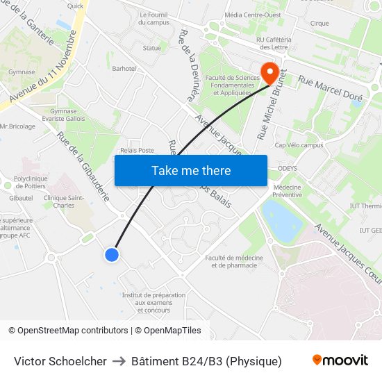 Victor Schoelcher to Bâtiment B24/B3 (Physique) map