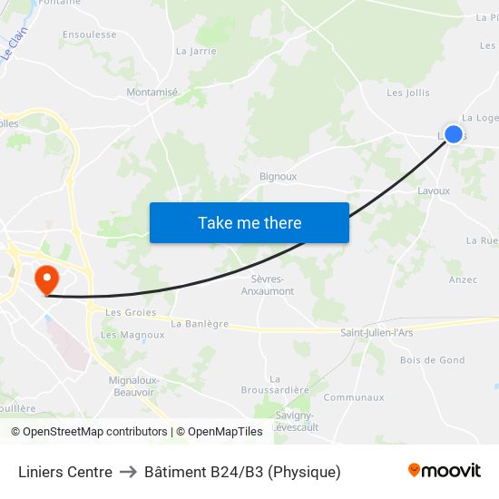 Liniers Centre to Bâtiment B24/B3 (Physique) map