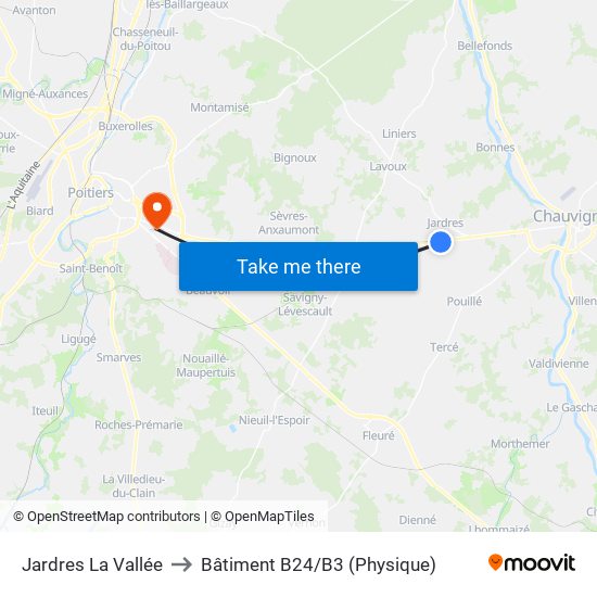 Jardres La Vallée to Bâtiment B24/B3 (Physique) map