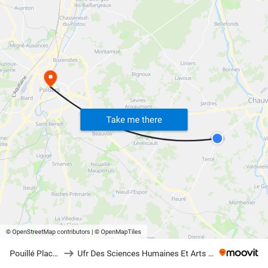 Pouillé Place Du Bourg to Ufr Des Sciences Humaines Et Arts De L'Université De Poitiers map