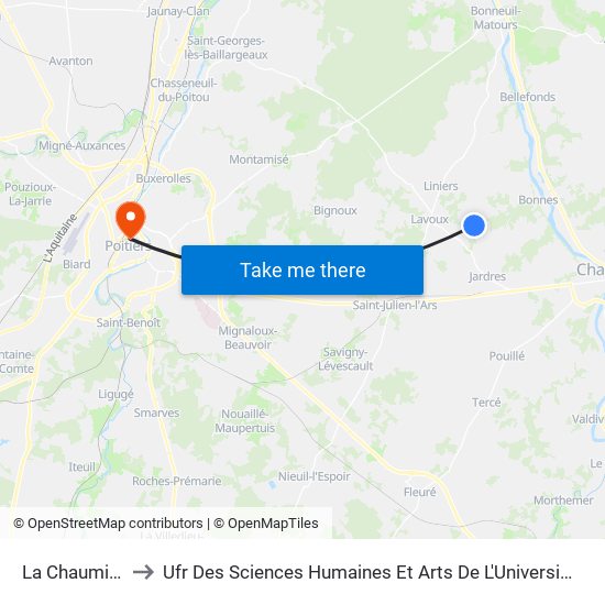 La Chaumillière to Ufr Des Sciences Humaines Et Arts De L'Université De Poitiers map