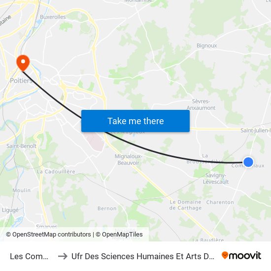Les Communaux 1 to Ufr Des Sciences Humaines Et Arts De L'Université De Poitiers map