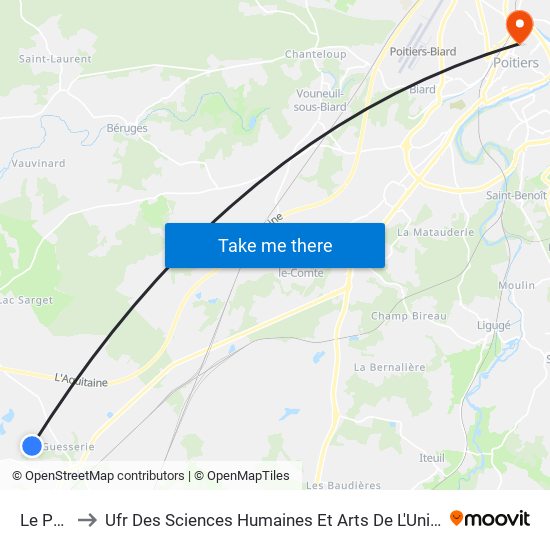 Le Palais to Ufr Des Sciences Humaines Et Arts De L'Université De Poitiers map