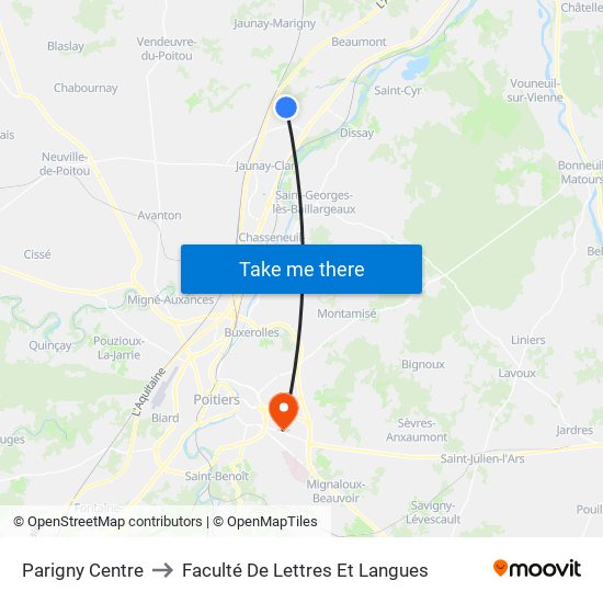 Parigny Centre to Faculté De Lettres Et Langues map