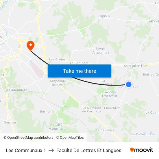 Les Communaux 1 to Faculté De Lettres Et Langues map