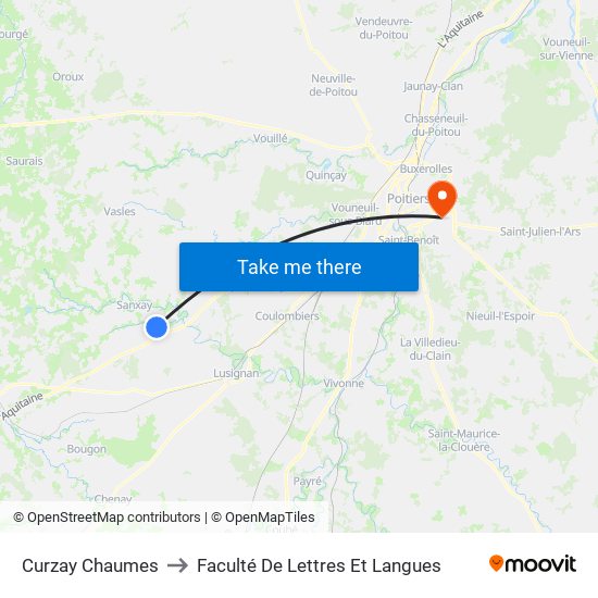 Curzay Chaumes to Faculté De Lettres Et Langues map