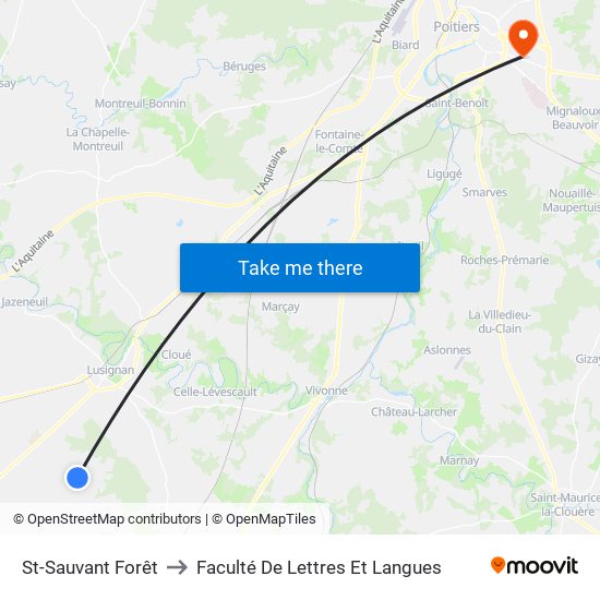 St-Sauvant Forêt to Faculté De Lettres Et Langues map