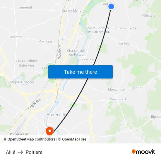 Aillé to Poitiers map