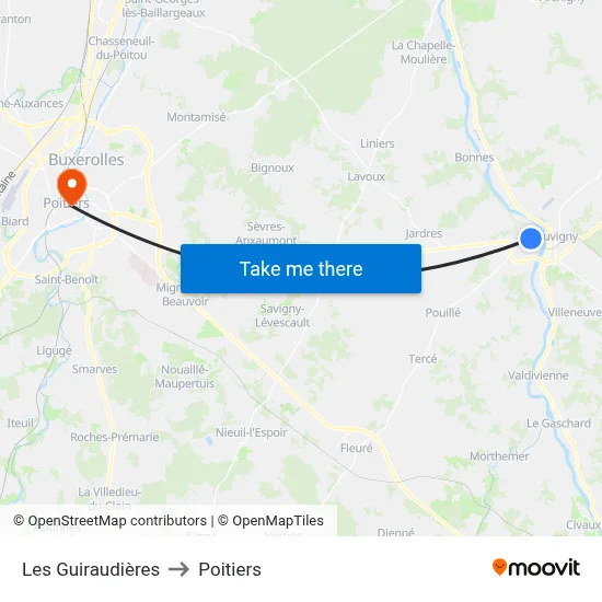Les Guiraudières to Poitiers map