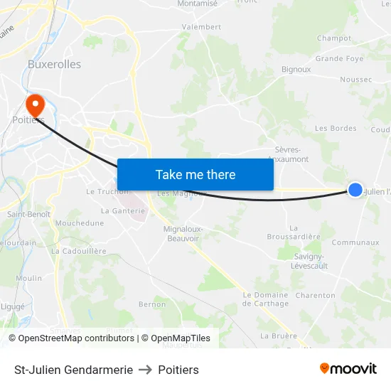 St-Julien Gendarmerie to Poitiers map