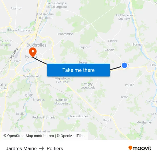Jardres Mairie to Poitiers map