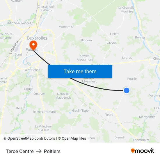Tercé Centre to Poitiers map