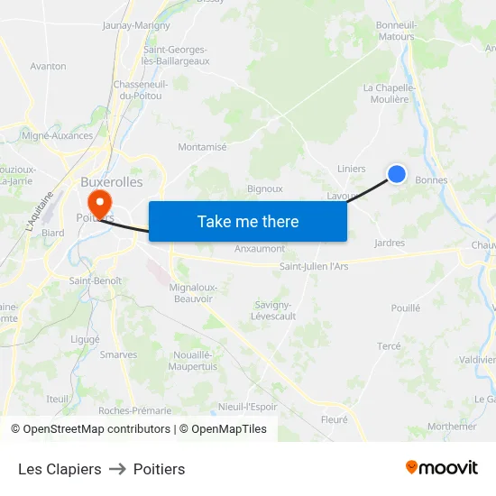 Les Clapiers to Poitiers map