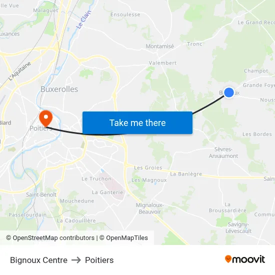 Bignoux Centre to Poitiers map