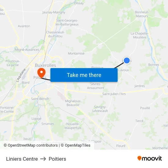 Liniers Centre to Poitiers map