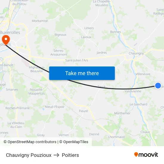 Chauvigny Pouzioux to Poitiers map
