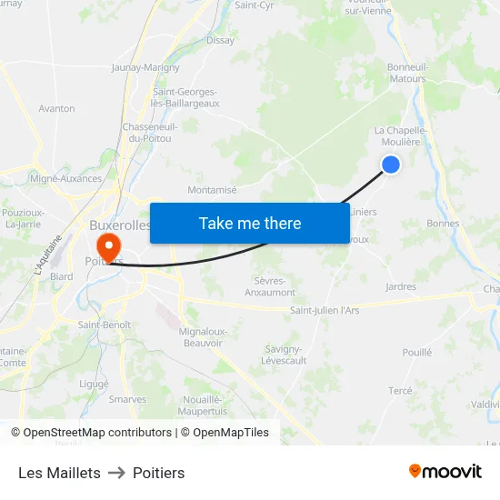 Les Maillets to Poitiers map