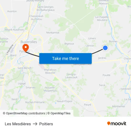 Les Mesdières to Poitiers map