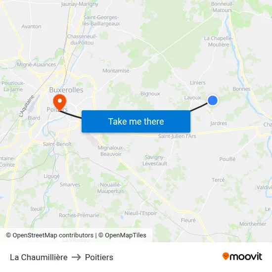 La Chaumillière to Poitiers map