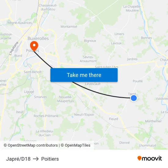 Japré/D18 to Poitiers map