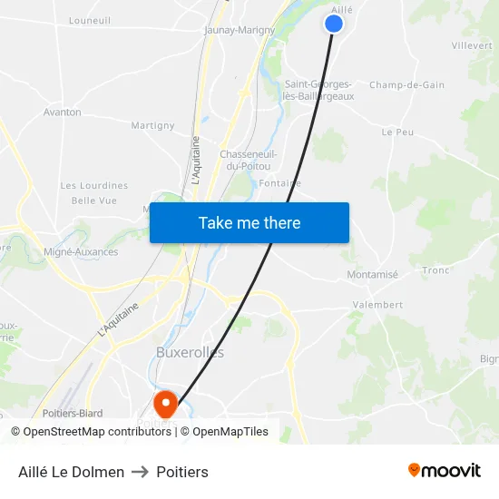 Aillé Le Dolmen to Poitiers map