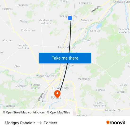 Marigny Rabelais to Poitiers map