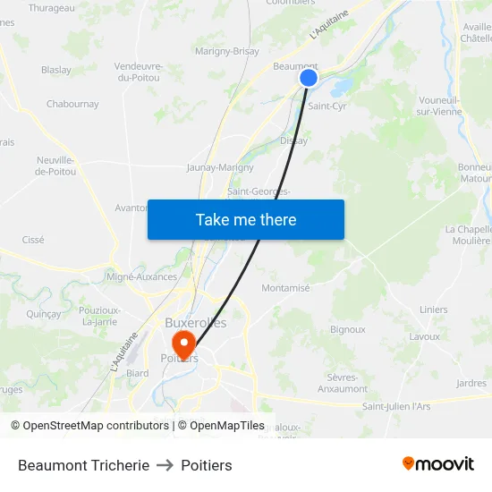 Beaumont Tricherie to Poitiers map
