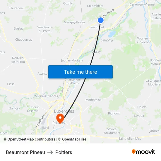 Beaumont Pineau to Poitiers map