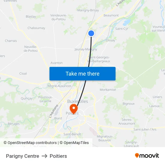 Parigny Centre to Poitiers map