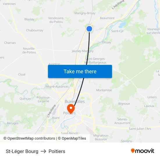 St-Léger Bourg to Poitiers map