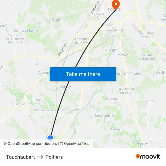 Touchaubert to Poitiers map