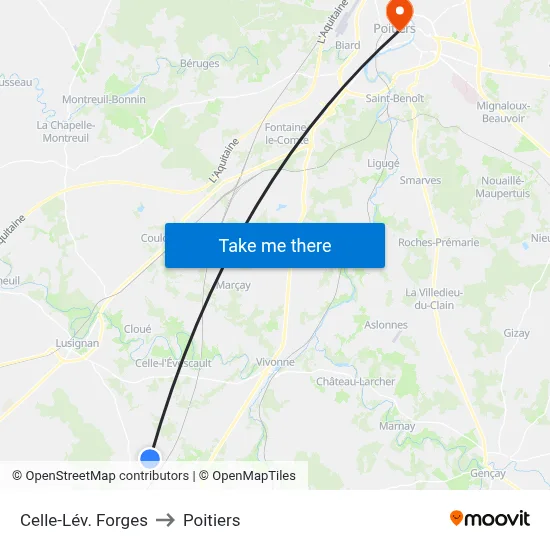 Celle-Lév. Forges to Poitiers map