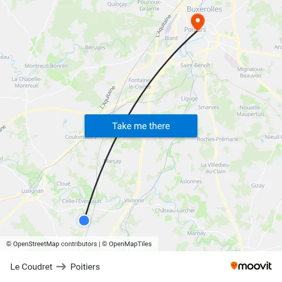 Le Coudret to Poitiers map
