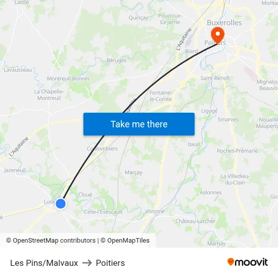 Les Pins/Malvaux to Poitiers map