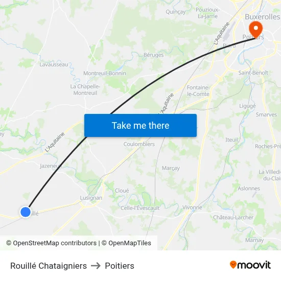 Rouillé Chataigniers to Poitiers map