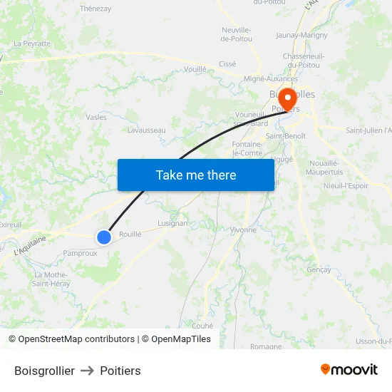 Boisgrollier to Poitiers map