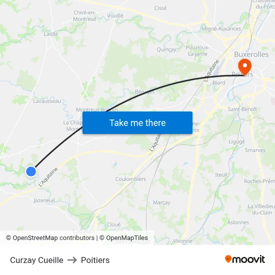 Curzay Cueille to Poitiers map