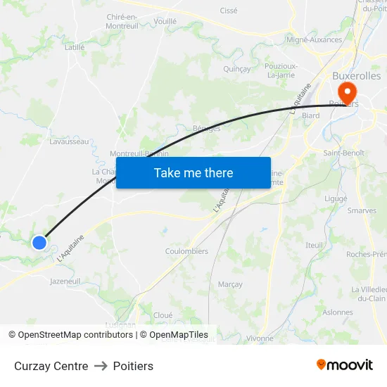 Curzay Centre to Poitiers map